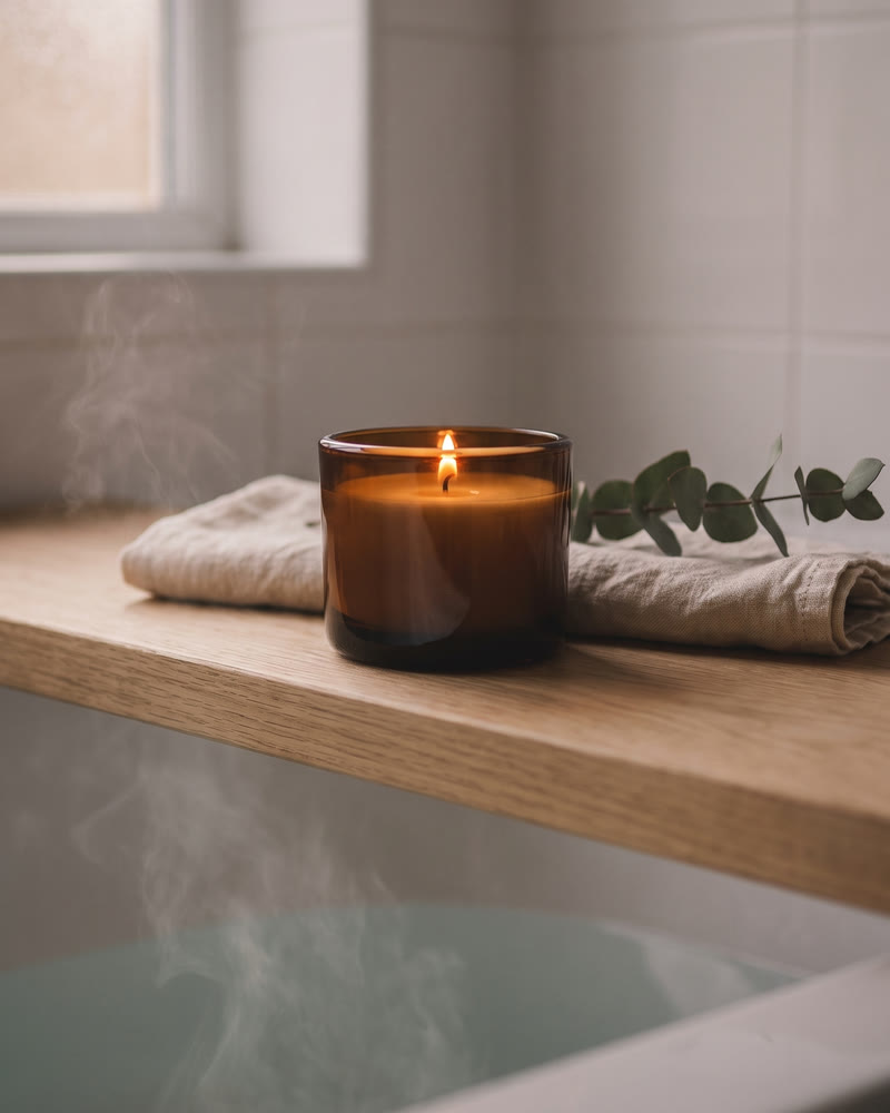 The same candle on a wooden shelf beside a steaming bath