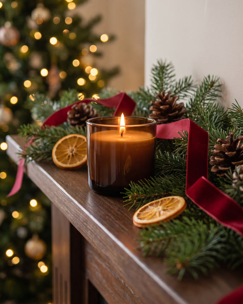 The same candle on a mantelpiece with pine, dried orange and a Christmas tree behind