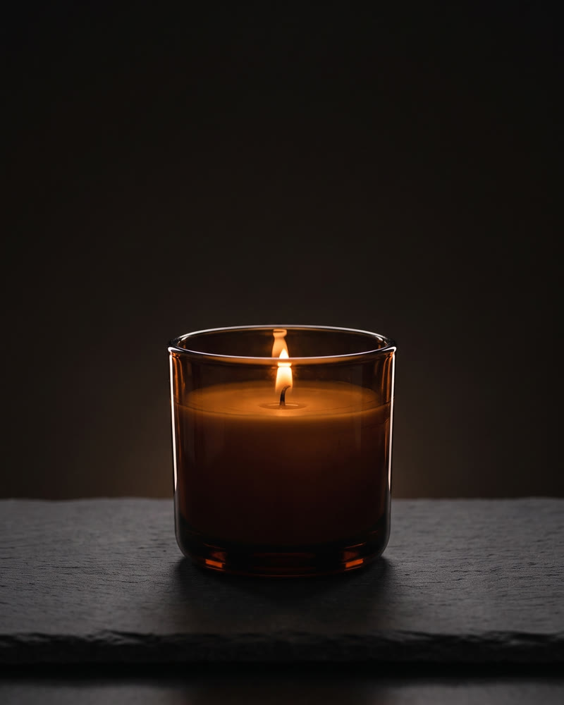 The same candle on dark slate against a black background