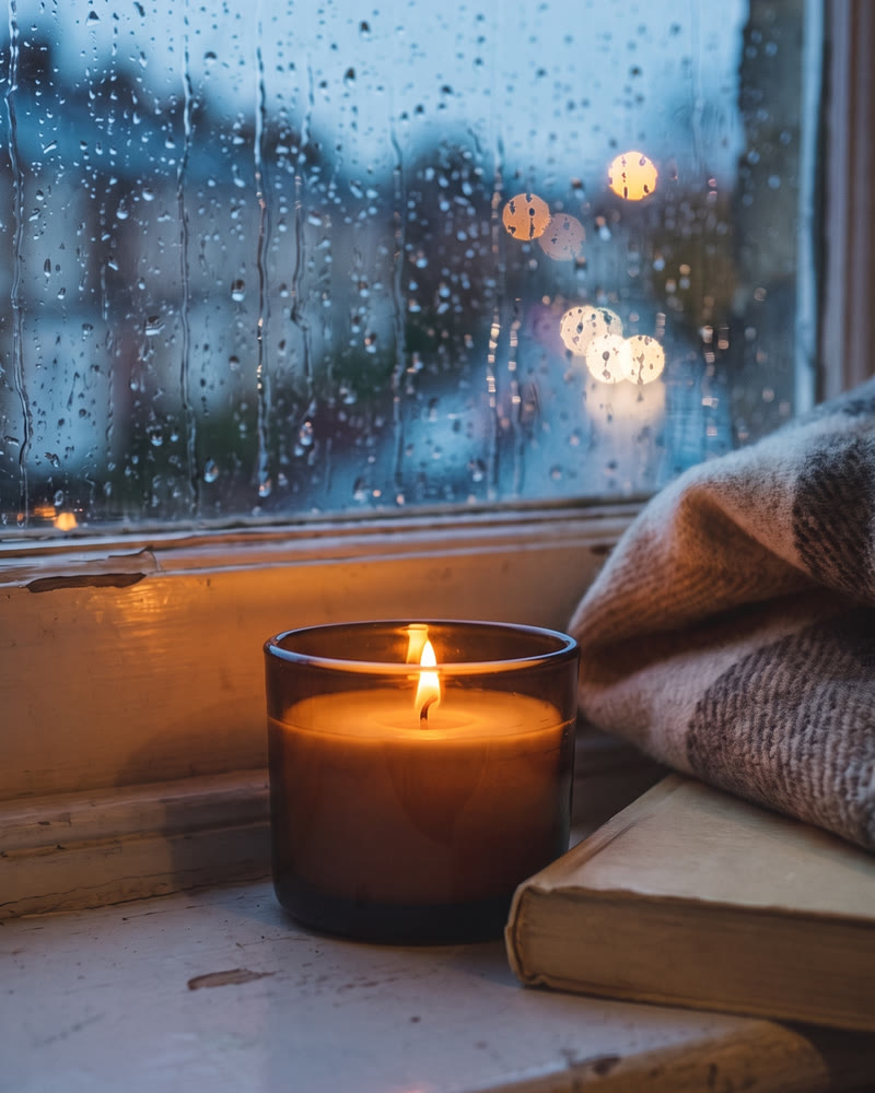 The amber glass candle lit on a windowsill with rain on the glass