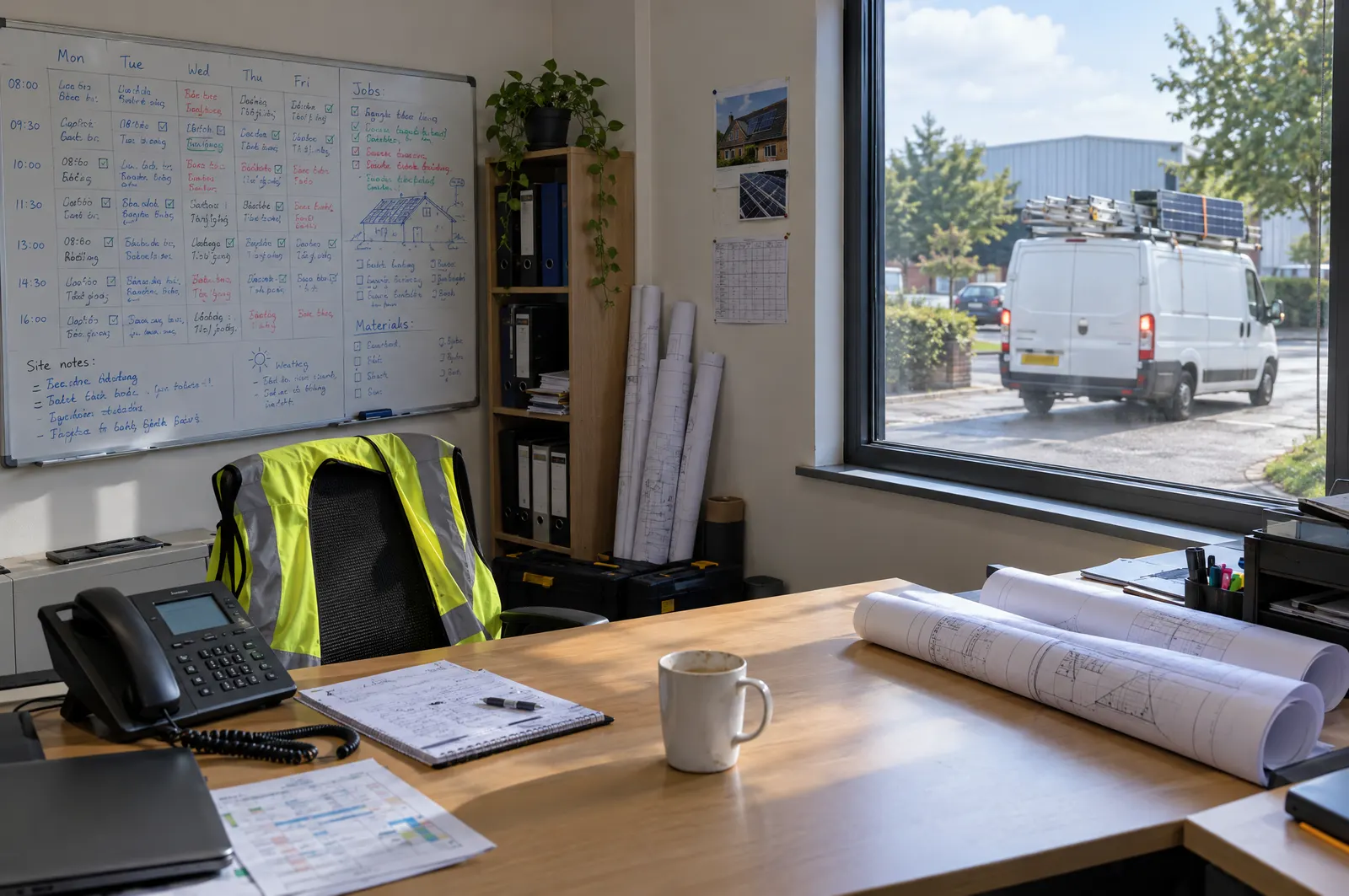 An empty installer's office: a desk phone, a busy job whiteboard and the van pulling away outside