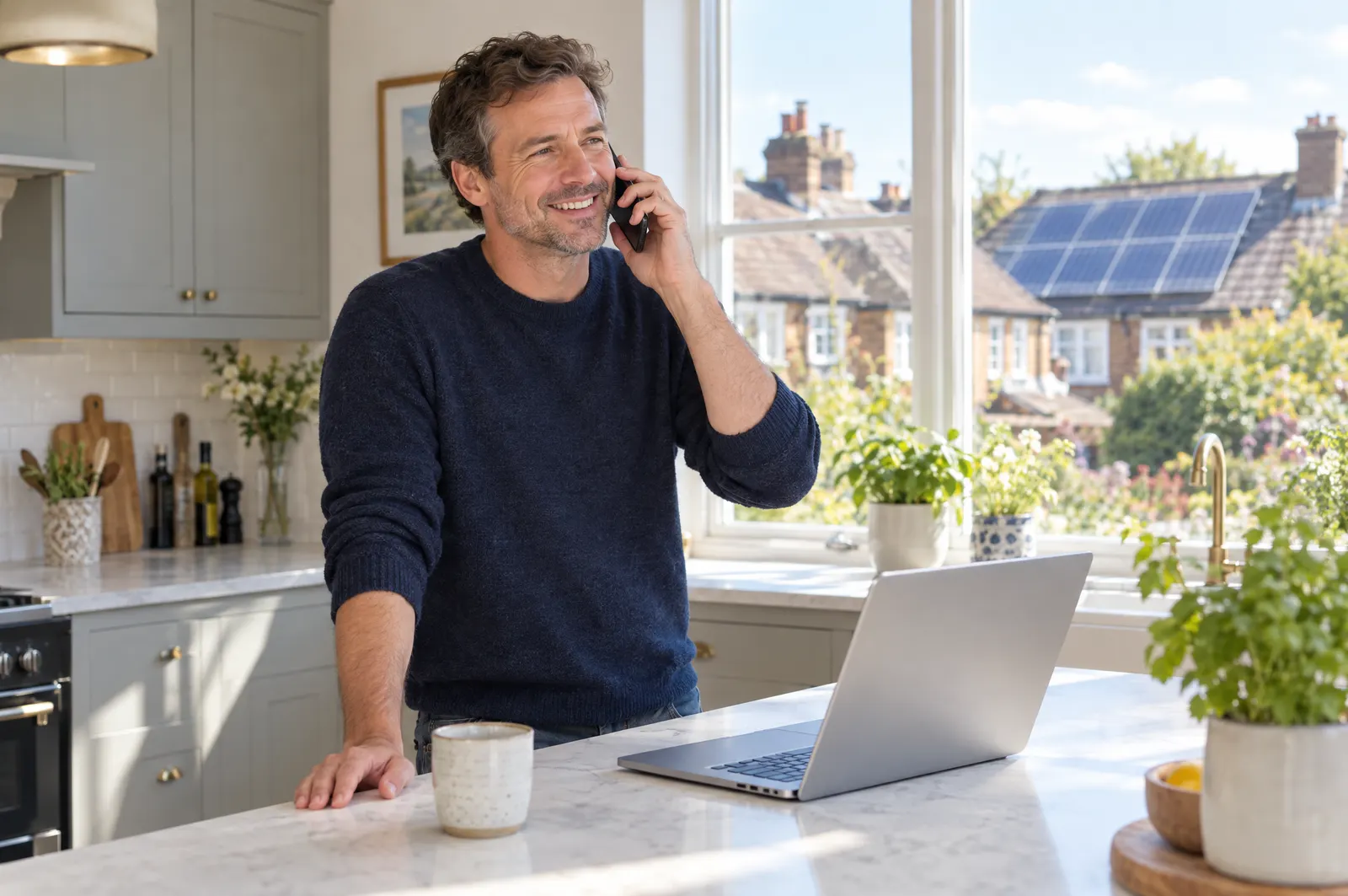 A smiling homeowner on the phone in a bright kitchen, with solar panels on a neighbouring roof outside