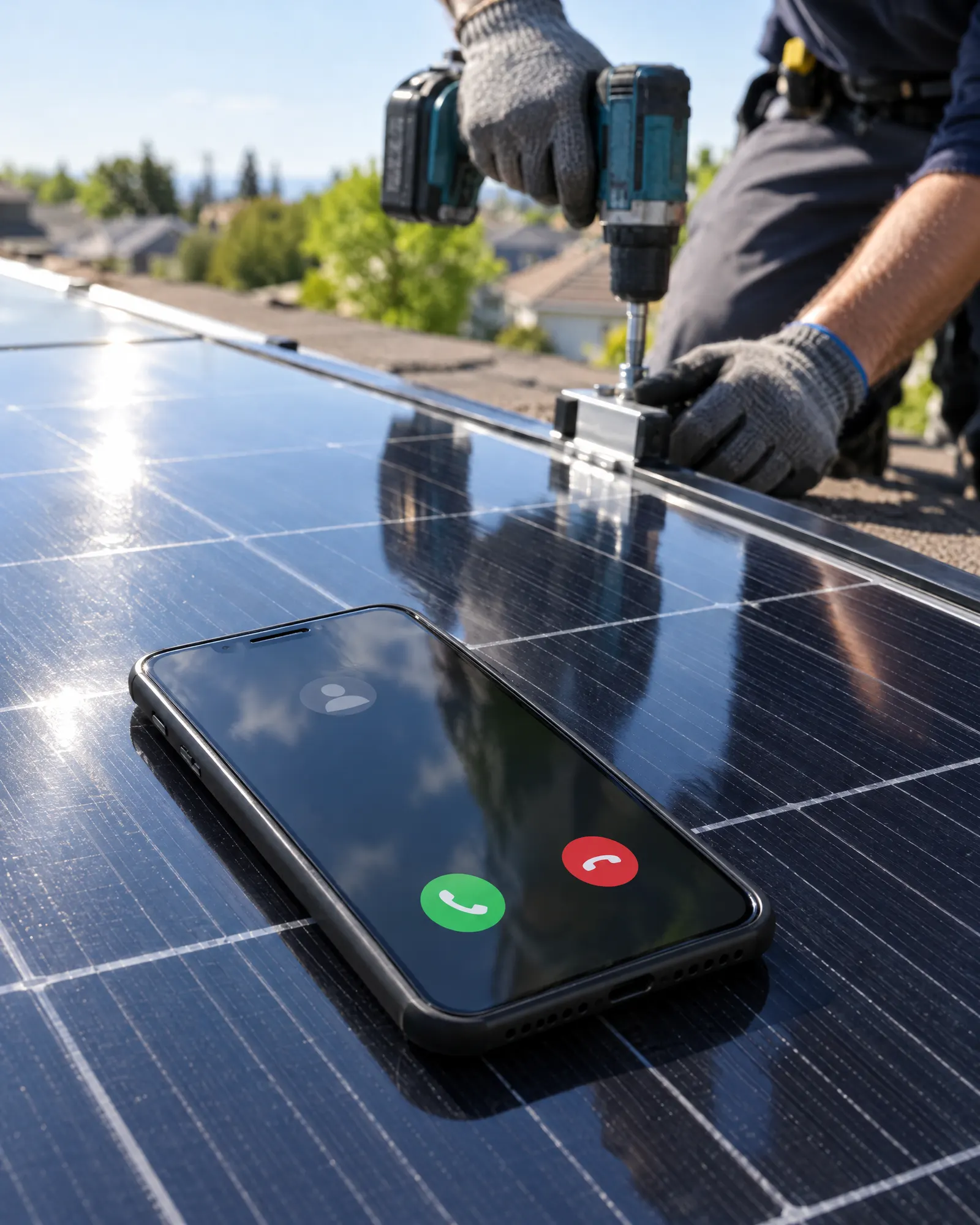 A phone ringing unanswered on a solar panel while an installer's gloved hands work a drill